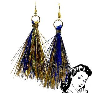 Blue and Gold Tinsel Earrings   Handmade and Super Lightweight